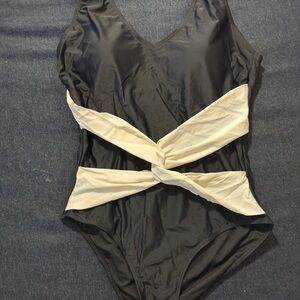 Black and Cream Swimsuit with Twist Detail